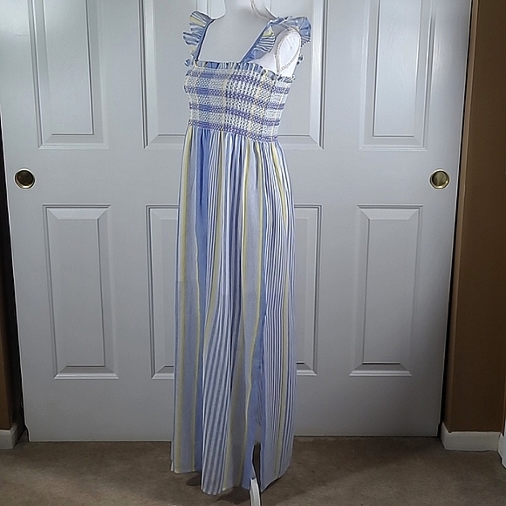 NWT Cotton Maxi Dress Sundress w/ Ruffle Straps Striped Blue Yellow & White - Picture 13 of 17